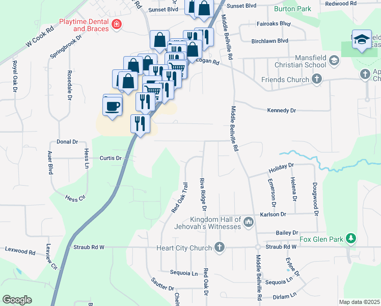 map of restaurants, bars, coffee shops, grocery stores, and more near 821 Red Oak Trail in Mansfield