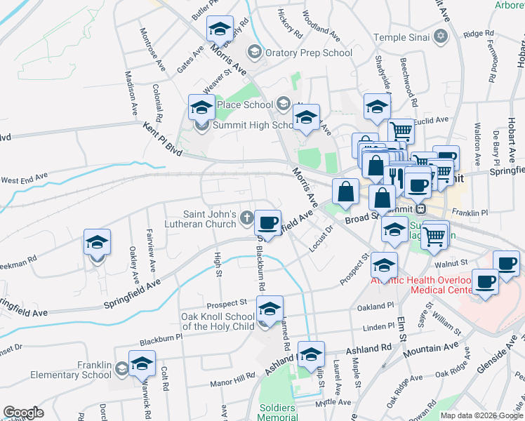 map of restaurants, bars, coffee shops, grocery stores, and more near 66 New England Avenue in Summit