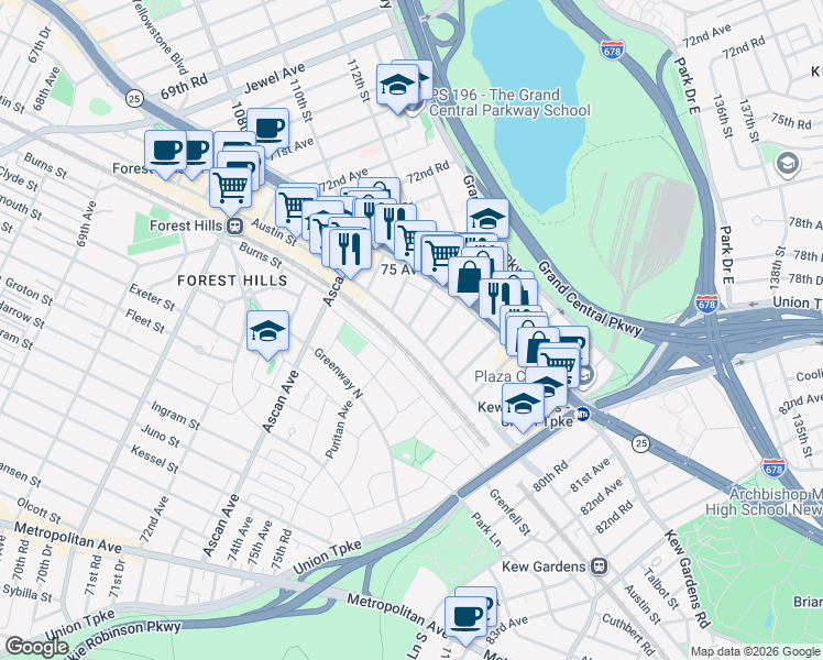 map of restaurants, bars, coffee shops, grocery stores, and more near in Queens