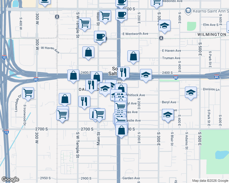 map of restaurants, bars, coffee shops, grocery stores, and more near 2500 South State Street in Salt Lake City