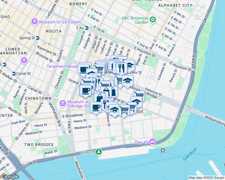 map of restaurants, bars, coffee shops, grocery stores, and more near 145 Clinton Street in New York