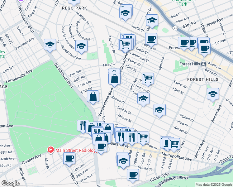 map of restaurants, bars, coffee shops, grocery stores, and more near 67-14 Juno Street in Queens
