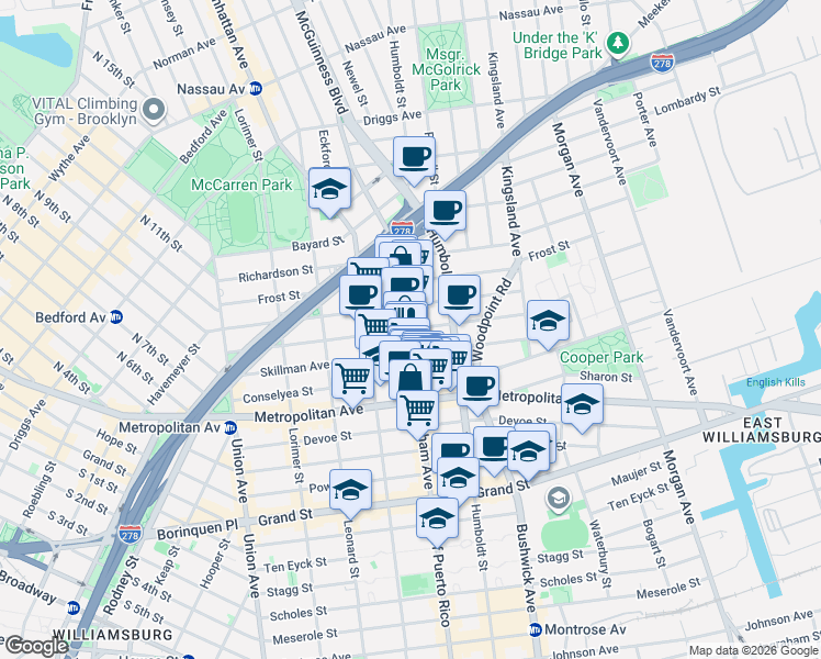 map of restaurants, bars, coffee shops, grocery stores, and more near Graham Ave & Jackson St in Brooklyn