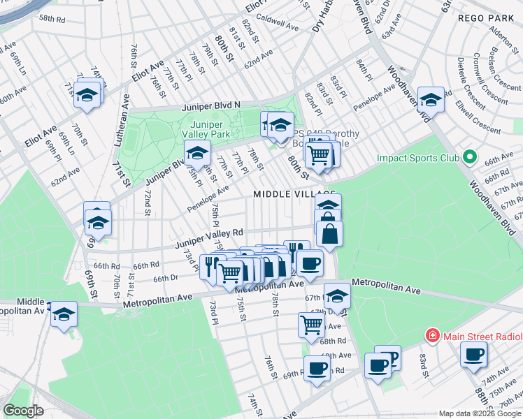 map of restaurants, bars, coffee shops, grocery stores, and more near 65-50 77th Place in Queens