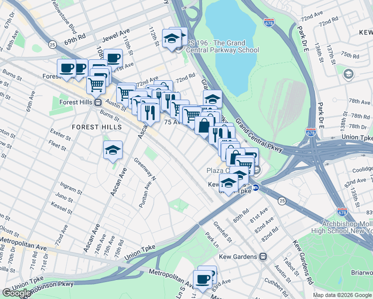 map of restaurants, bars, coffee shops, grocery stores, and more near 75-73 Austin Street in Queens