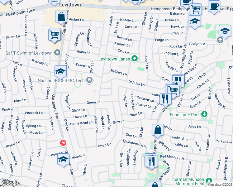 map of restaurants, bars, coffee shops, grocery stores, and more near 126 Sunrise Lane in Levittown