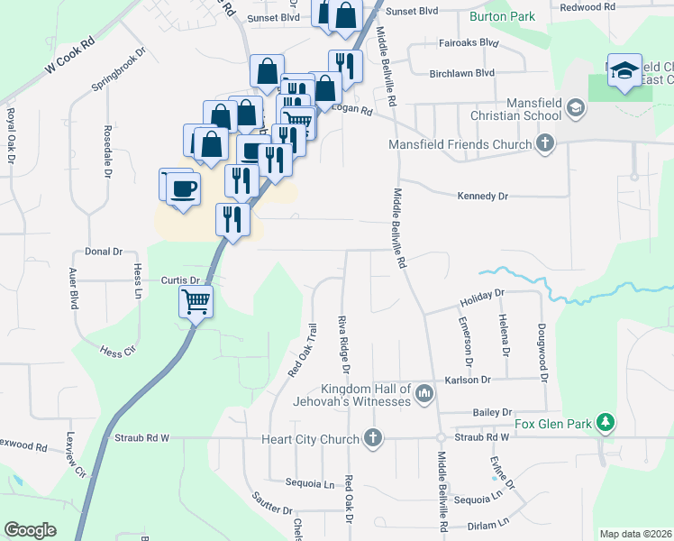 map of restaurants, bars, coffee shops, grocery stores, and more near 821 Red Oak Trail in Mansfield