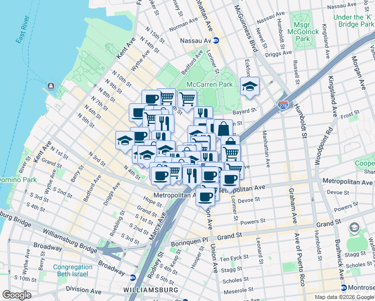 map of restaurants, bars, coffee shops, grocery stores, and more near 260 North 9th Street in Brooklyn