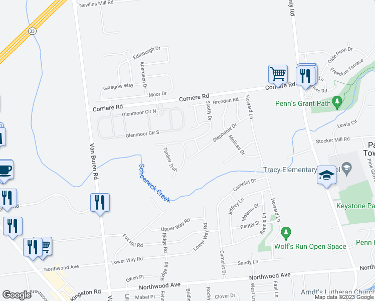 map of restaurants, bars, coffee shops, grocery stores, and more near 11 Timber Trail in Northampton County