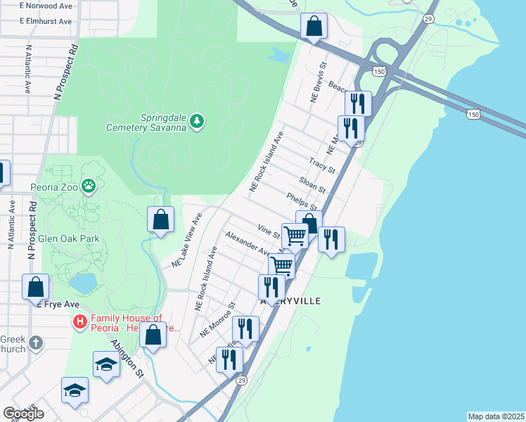 map of restaurants, bars, coffee shops, grocery stores, and more near 616 Vine St in Peoria