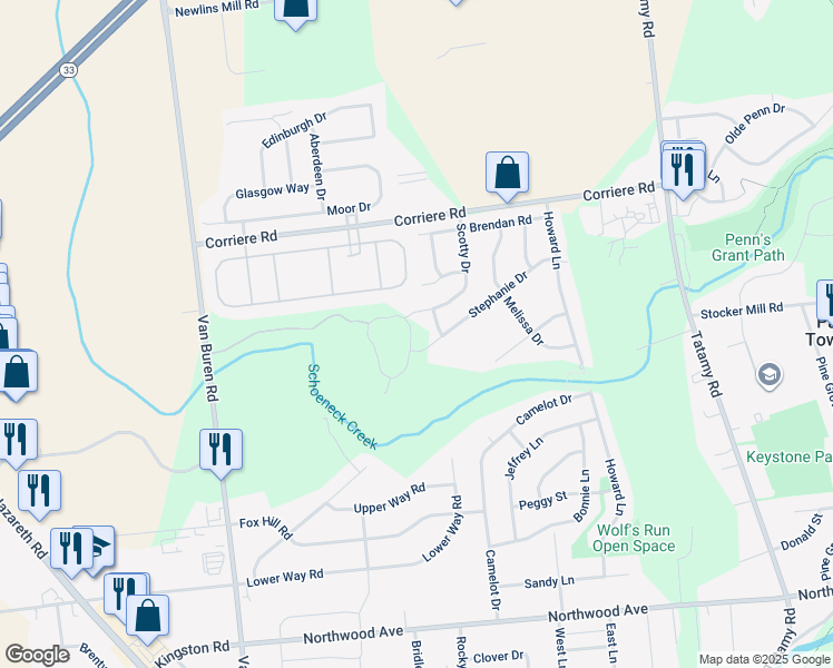 map of restaurants, bars, coffee shops, grocery stores, and more near 11 Timber Trail in Northampton County