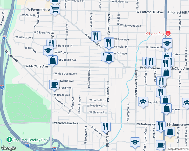 map of restaurants, bars, coffee shops, grocery stores, and more near 811 West Nowland Avenue in Peoria