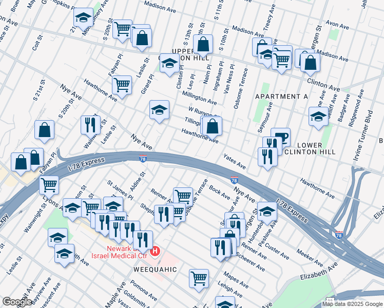 map of restaurants, bars, coffee shops, grocery stores, and more near 37 Schuyler Avenue in Newark
