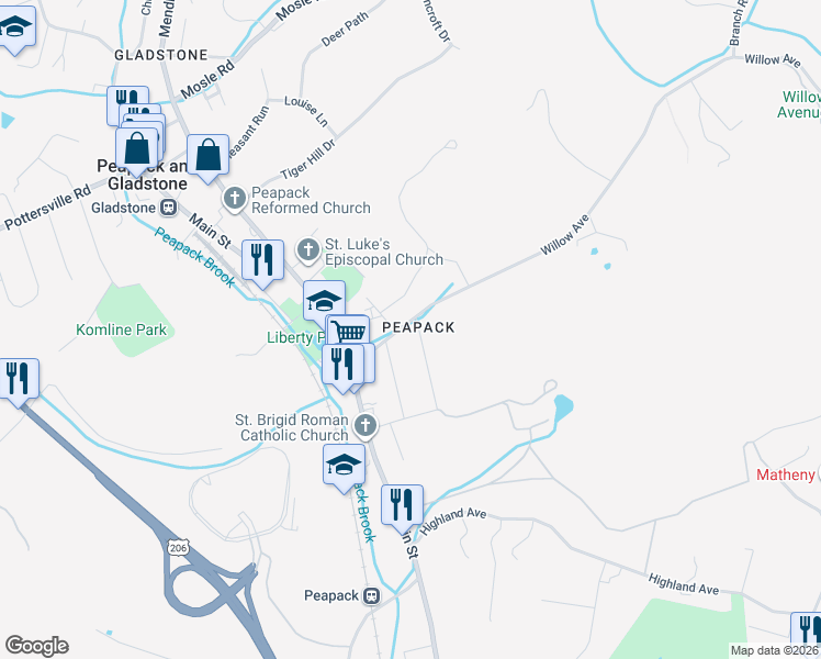 map of restaurants, bars, coffee shops, grocery stores, and more near 15 Tainter Street in Peapack