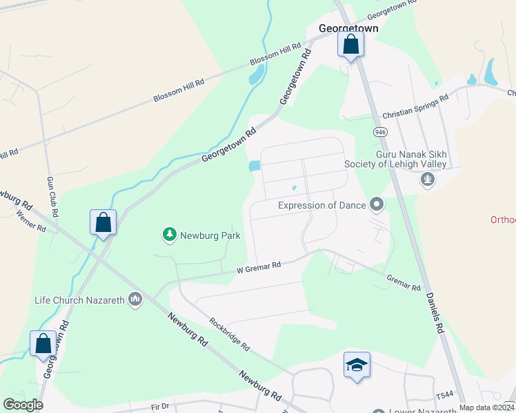 map of restaurants, bars, coffee shops, grocery stores, and more near 674 Mulberry Drive in Nazareth