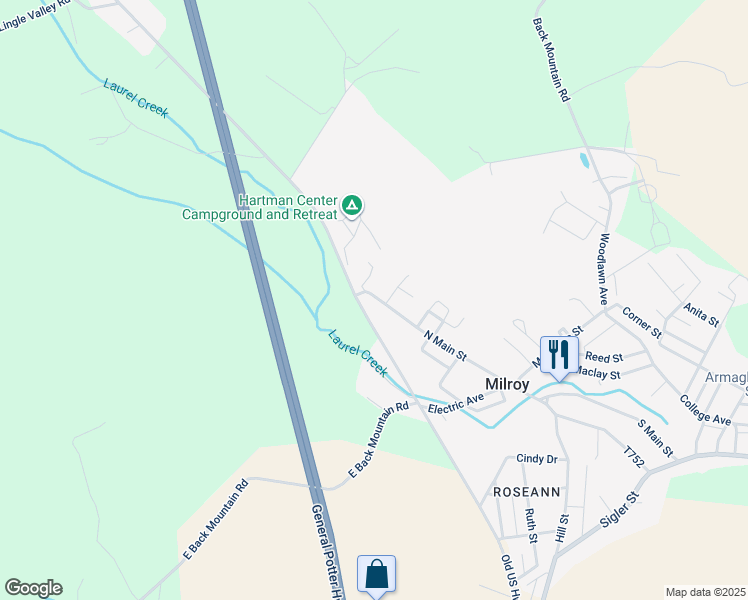 map of restaurants, bars, coffee shops, grocery stores, and more near 40 North Main Street in Milroy