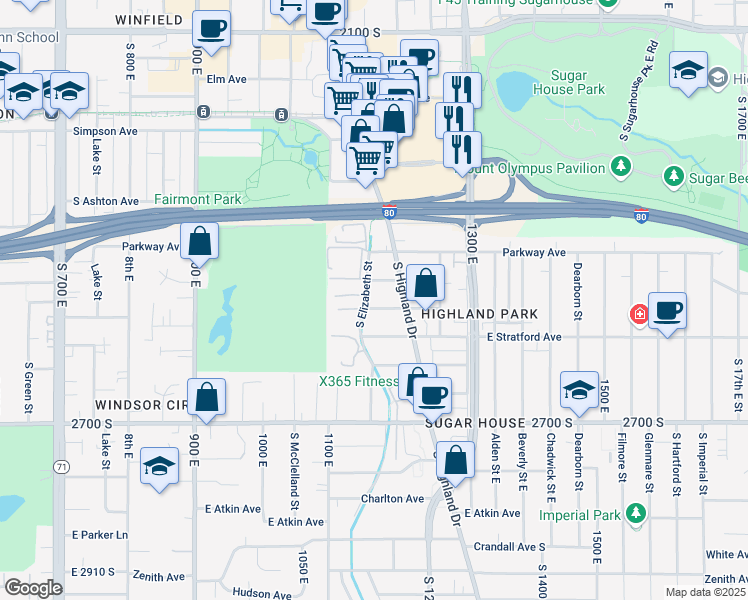 map of restaurants, bars, coffee shops, grocery stores, and more near 2510 South Elizabeth Street in Salt Lake City