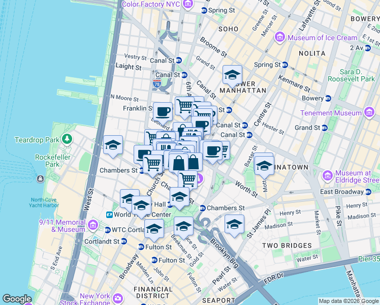 map of restaurants, bars, coffee shops, grocery stores, and more near 12 Thomas Street in New York