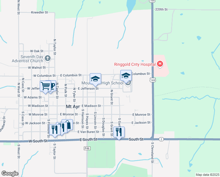 map of restaurants, bars, coffee shops, grocery stores, and more near 607 East Jefferson Street in Mount Ayr