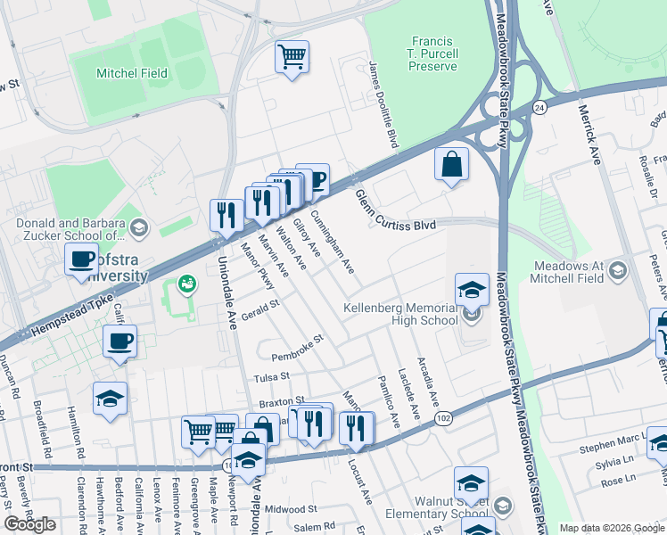 map of restaurants, bars, coffee shops, grocery stores, and more near 122 Gilroy Avenue in Uniondale
