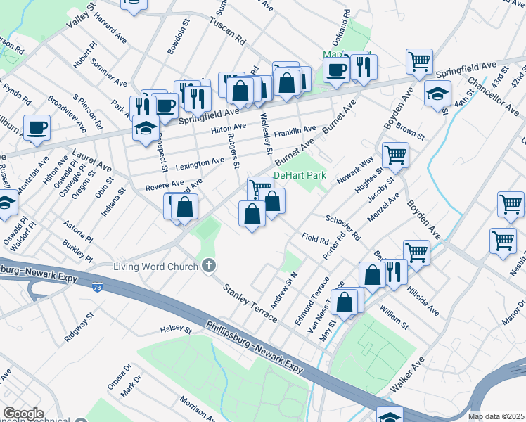 map of restaurants, bars, coffee shops, grocery stores, and more near 233 Rutgers Street in Maplewood