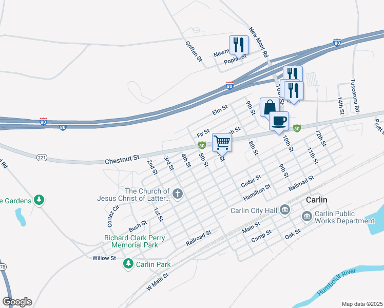 map of restaurants, bars, coffee shops, grocery stores, and more near 409 Peters Street in Carlin