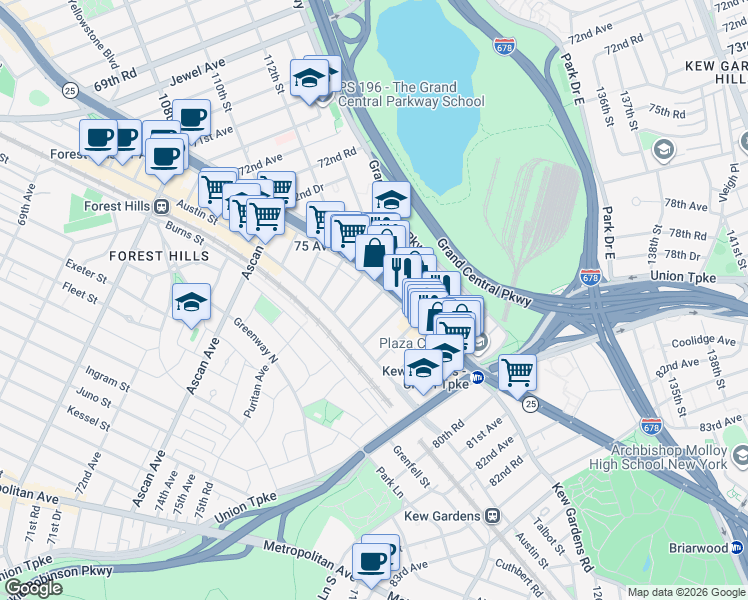 map of restaurants, bars, coffee shops, grocery stores, and more near 111-20 76th Road in Queens