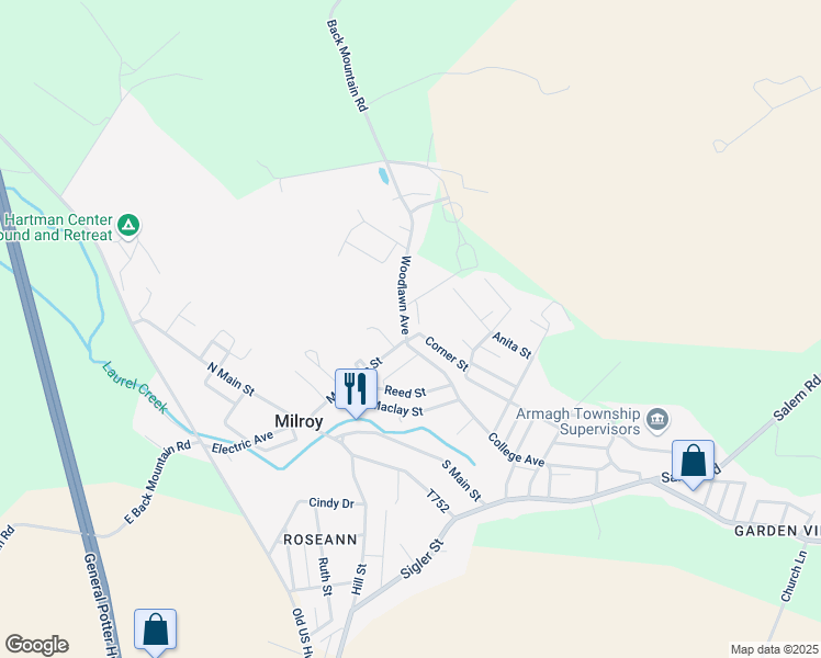 map of restaurants, bars, coffee shops, grocery stores, and more near 2 Woodlawn Avenue in Milroy