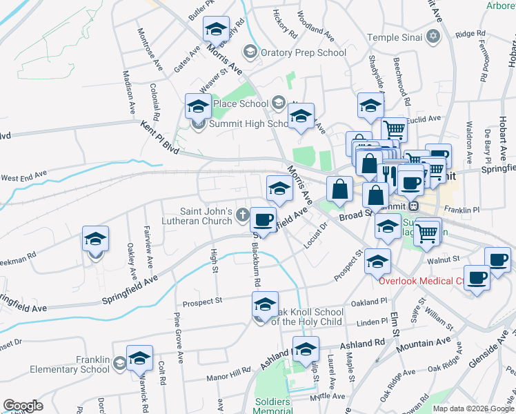 map of restaurants, bars, coffee shops, grocery stores, and more near 68 New England Avenue in Summit