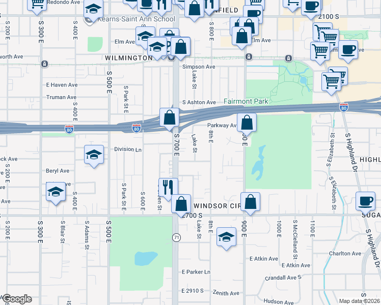 map of restaurants, bars, coffee shops, grocery stores, and more near 734 Loveland Avenue in Salt Lake City
