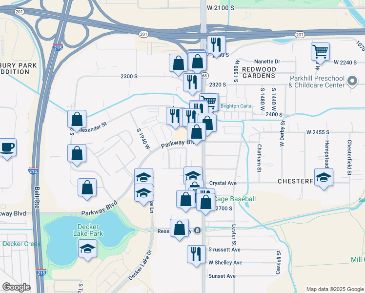 map of restaurants, bars, coffee shops, grocery stores, and more near 2532 South Lake Park Circle in West Valley City