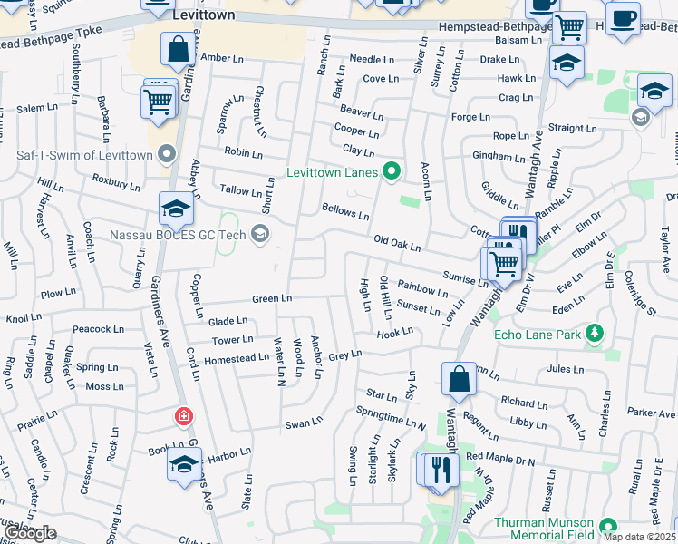 map of restaurants, bars, coffee shops, grocery stores, and more near 126 Sunrise Lane in Levittown