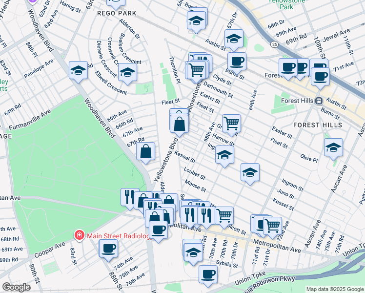 map of restaurants, bars, coffee shops, grocery stores, and more near 67-07 Selfridge Street in Queens