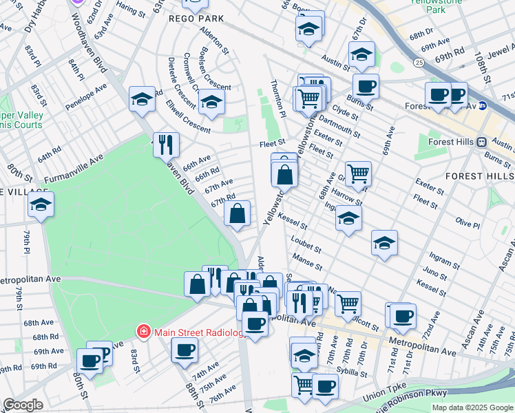 map of restaurants, bars, coffee shops, grocery stores, and more near 67-73 Alderton Street in Queens