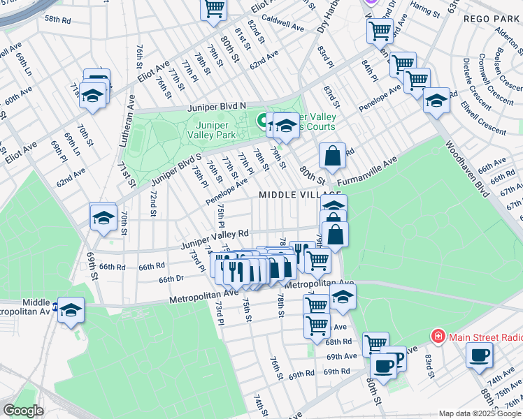map of restaurants, bars, coffee shops, grocery stores, and more near 65-50 77th Place in Queens
