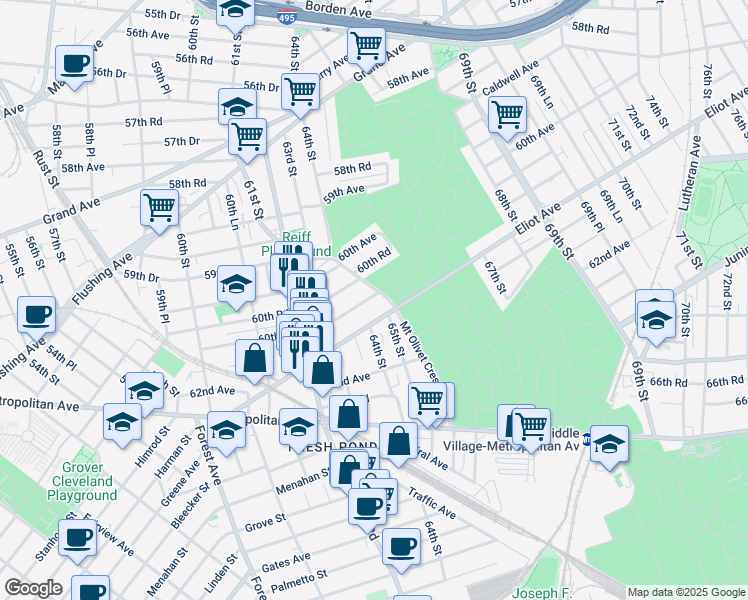 map of restaurants, bars, coffee shops, grocery stores, and more near 63-13 Eliot Avenue in Queens