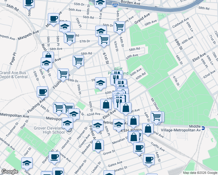 map of restaurants, bars, coffee shops, grocery stores, and more near 60-64 60th Road in Queens