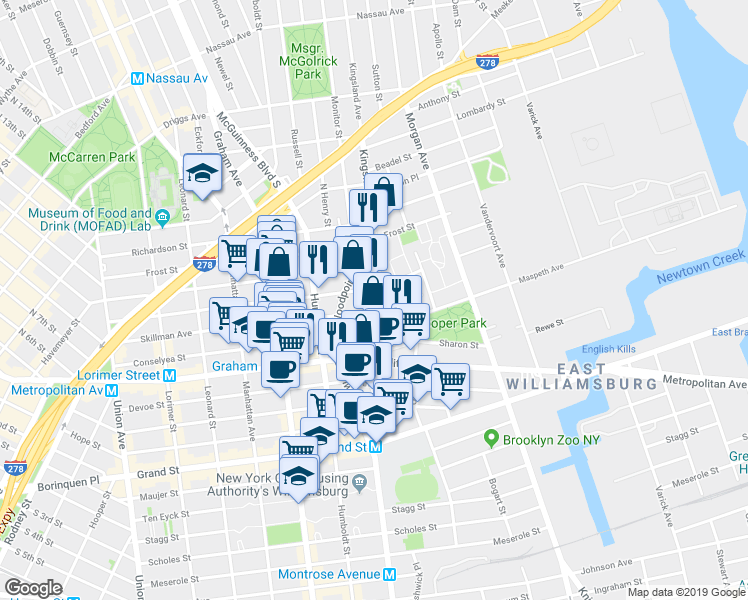 map of restaurants, bars, coffee shops, grocery stores, and more near 240A Skillman Avenue in Brooklyn