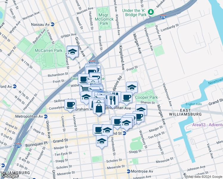 map of restaurants, bars, coffee shops, grocery stores, and more near 220 Skillman Avenue in Brooklyn