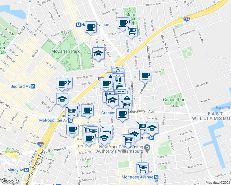 map of restaurants, bars, coffee shops, grocery stores, and more near 141 Skillman Avenue in Brooklyn