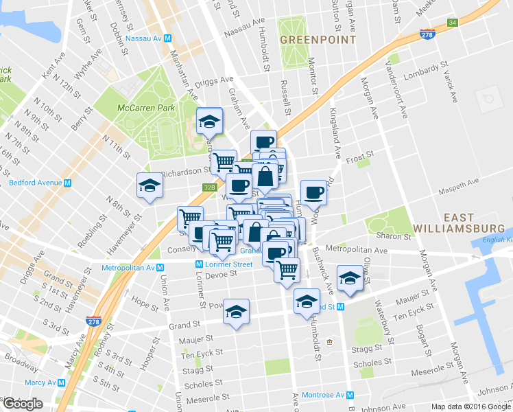 map of restaurants, bars, coffee shops, grocery stores, and more near 141 Skillman Avenue in Brooklyn