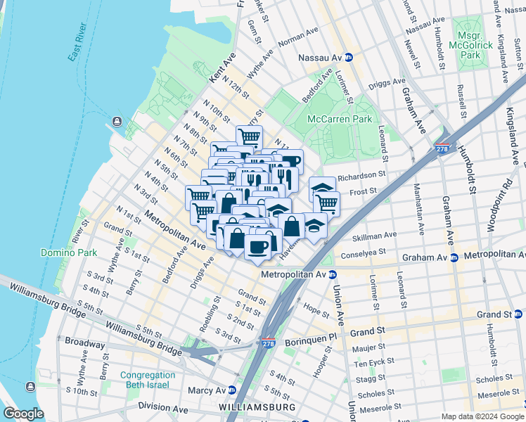 map of restaurants, bars, coffee shops, grocery stores, and more near 88 Roebling Street in Brooklyn