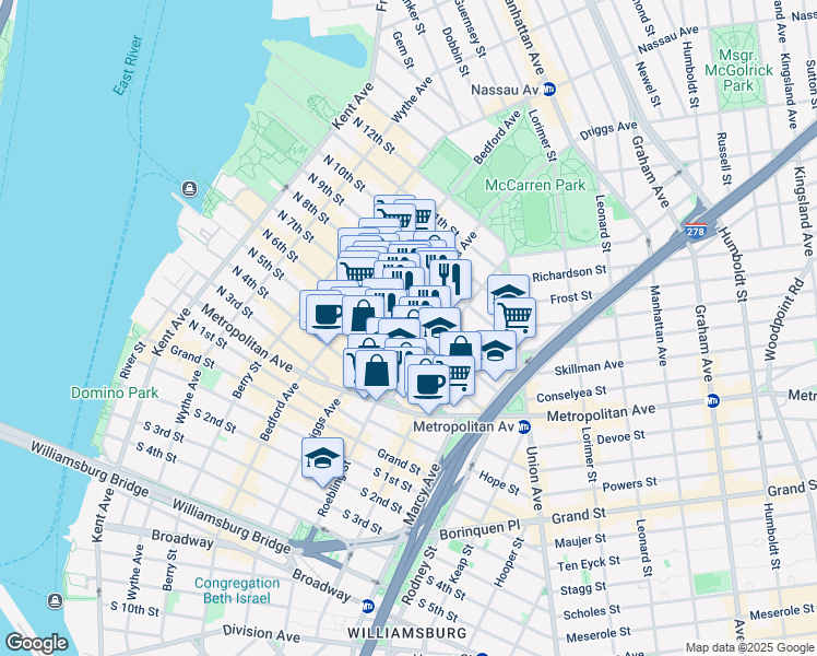 map of restaurants, bars, coffee shops, grocery stores, and more near 88 Roebling Street in Brooklyn