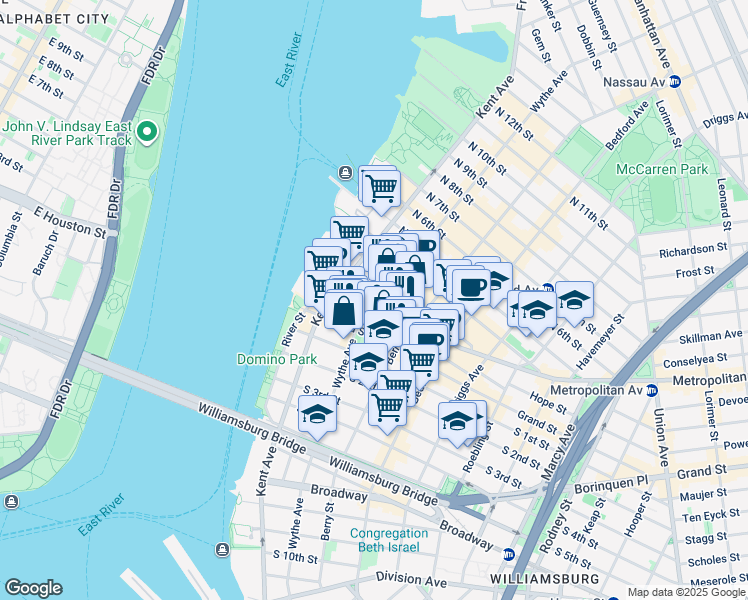 map of restaurants, bars, coffee shops, grocery stores, and more near 88 North 1st Street in Brooklyn