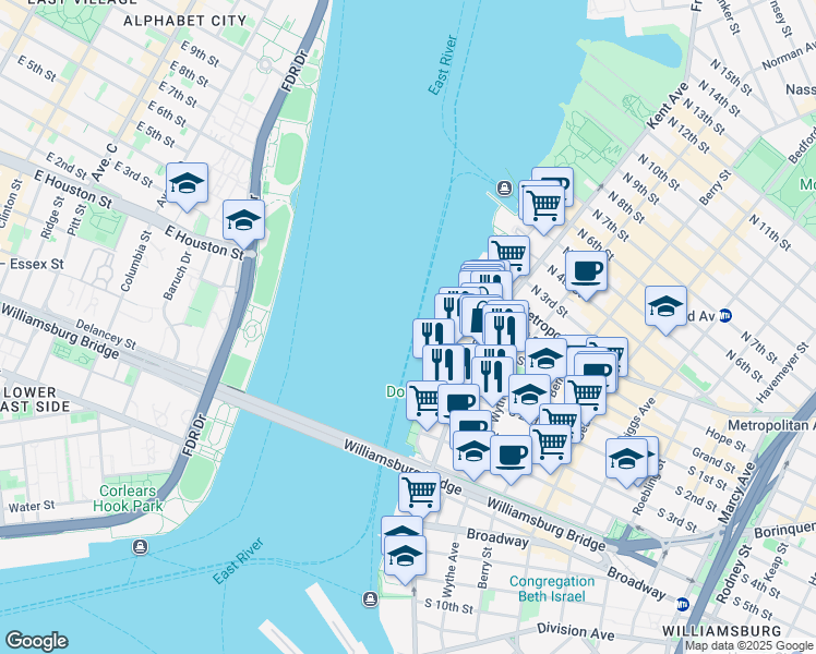 map of restaurants, bars, coffee shops, grocery stores, and more near 1200 Kent Avenue in Brooklyn