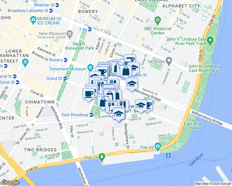 map of restaurants, bars, coffee shops, grocery stores, and more near 422 Grand Street in New York
