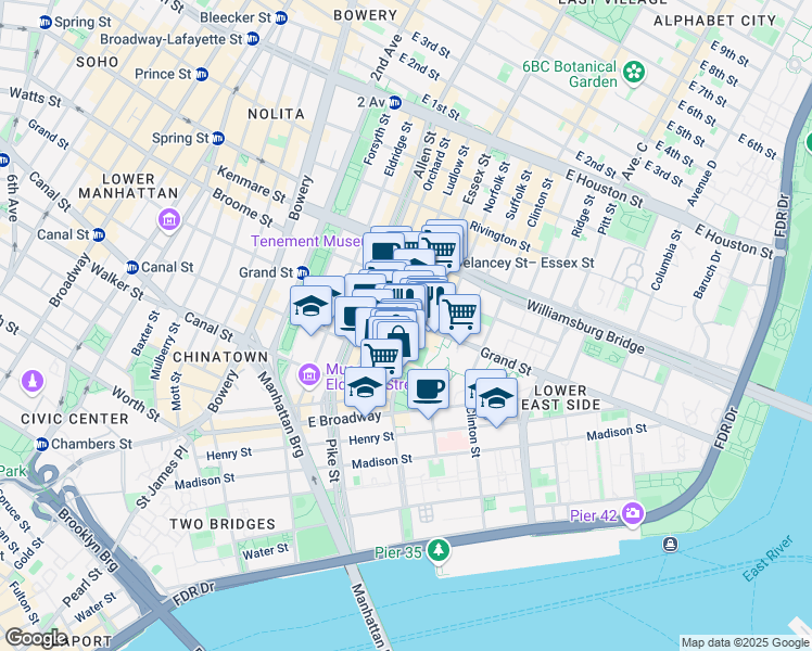 map of restaurants, bars, coffee shops, grocery stores, and more near 359 Grand Street in New York
