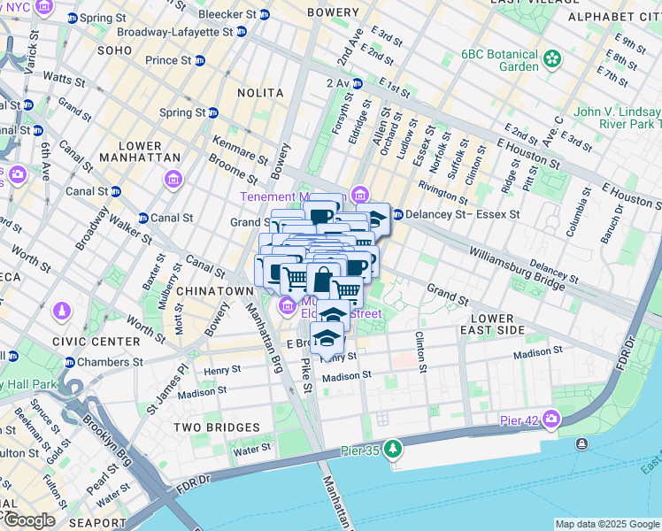 map of restaurants, bars, coffee shops, grocery stores, and more near 50-52 Eldridge Street in New York