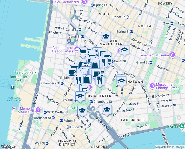 map of restaurants, bars, coffee shops, grocery stores, and more near in New York