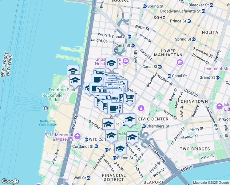 map of restaurants, bars, coffee shops, grocery stores, and more near 112 Reade Street in New York